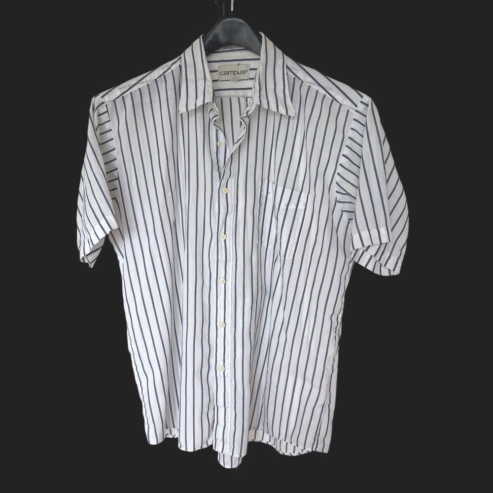 80's Campus White Navy Blue Striped Short Sleeve Button Down Shirt Size 16
